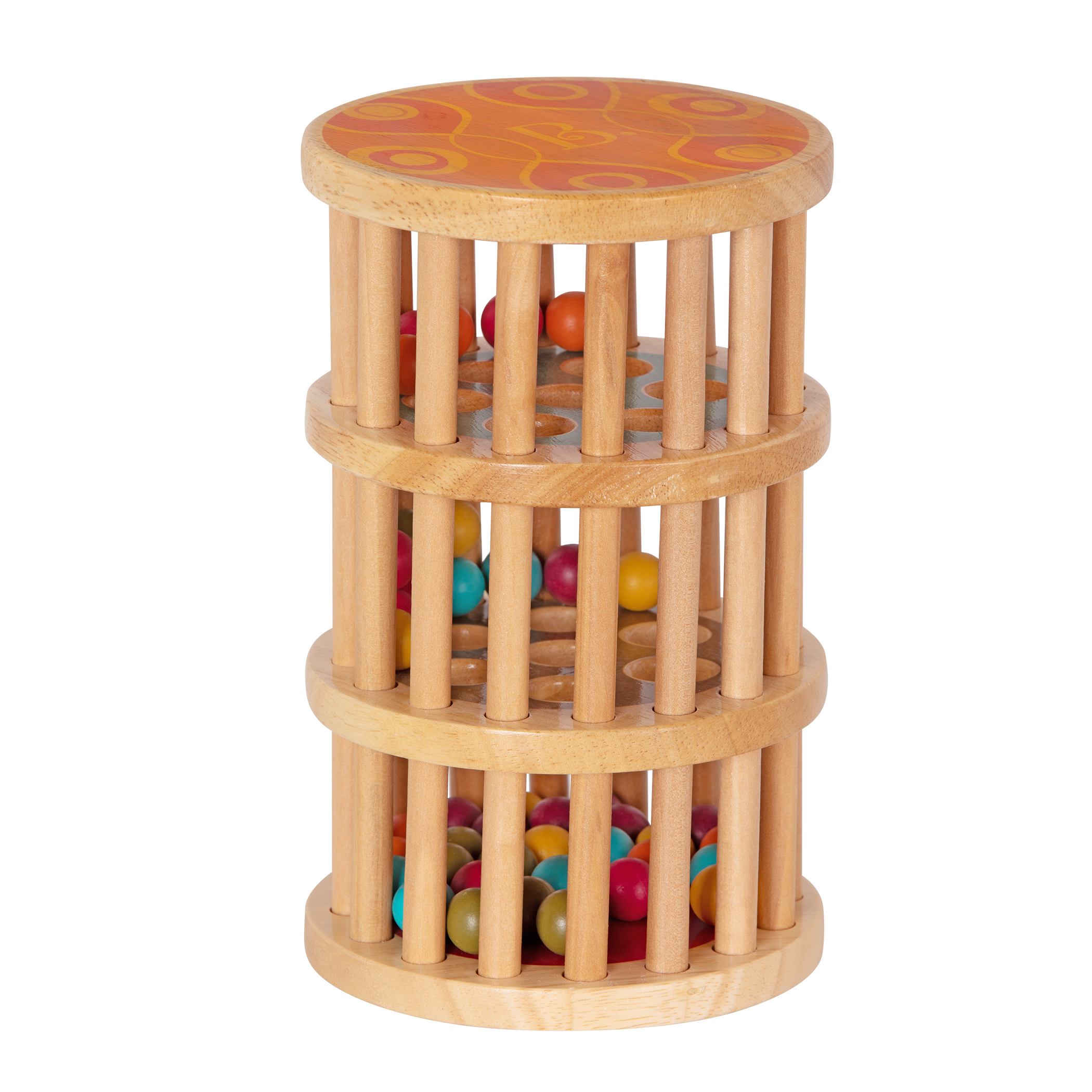 Rolling tower filled with colorful wooden marbles