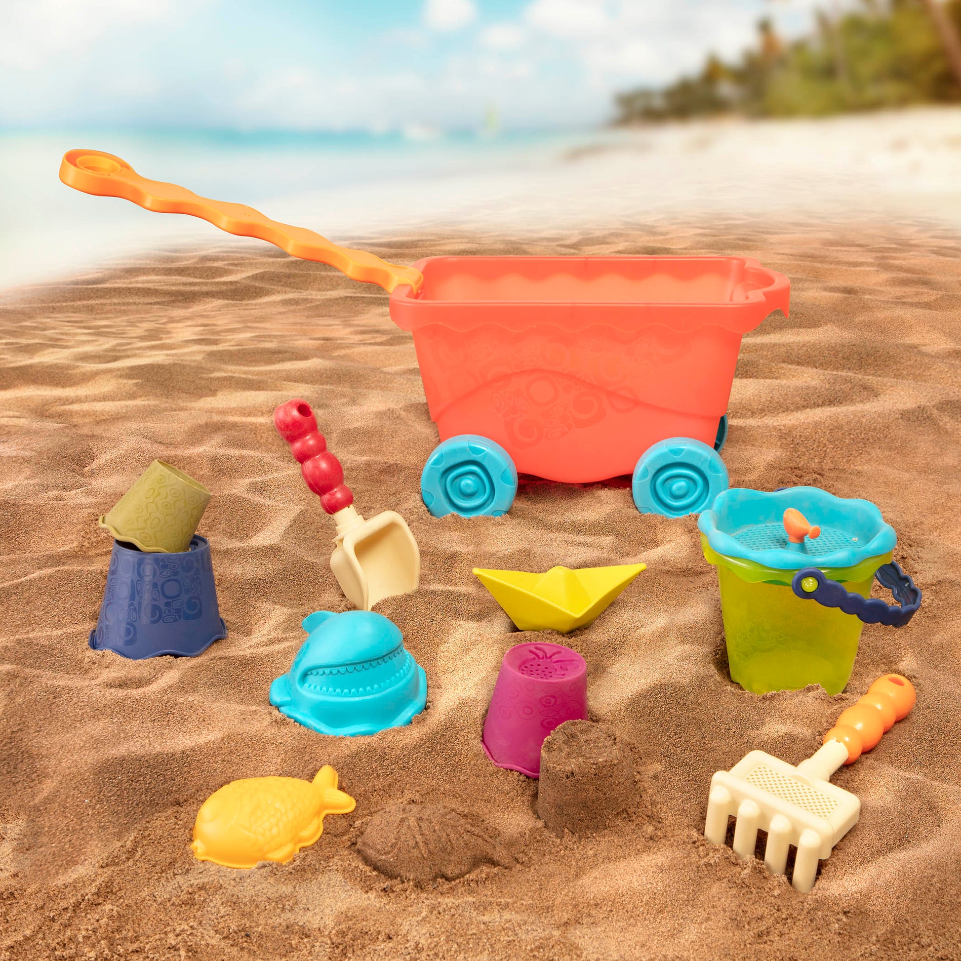 Beach toys and translucent red wagon
