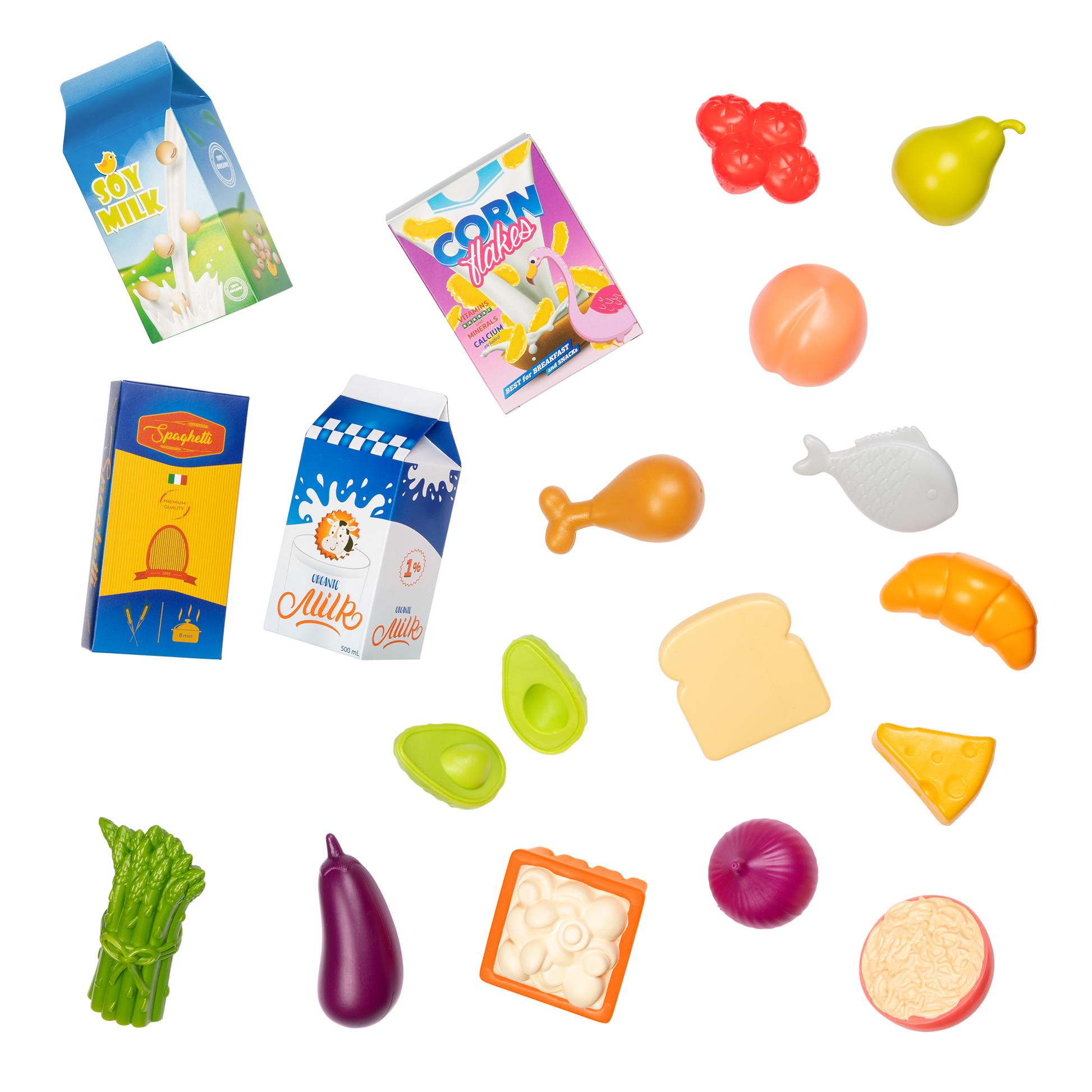 Toy shopping basket with play food.