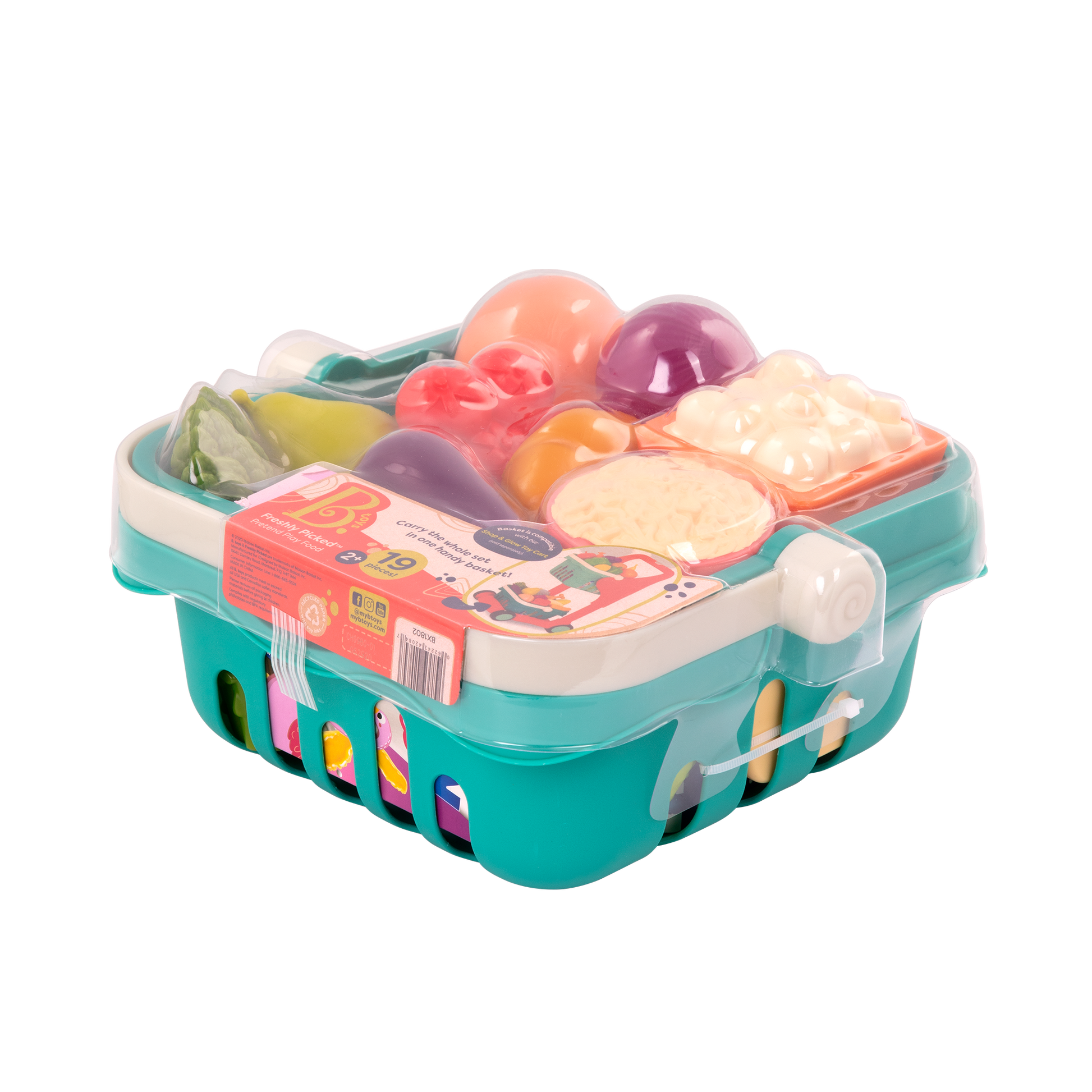 Toy shopping basket with play food.