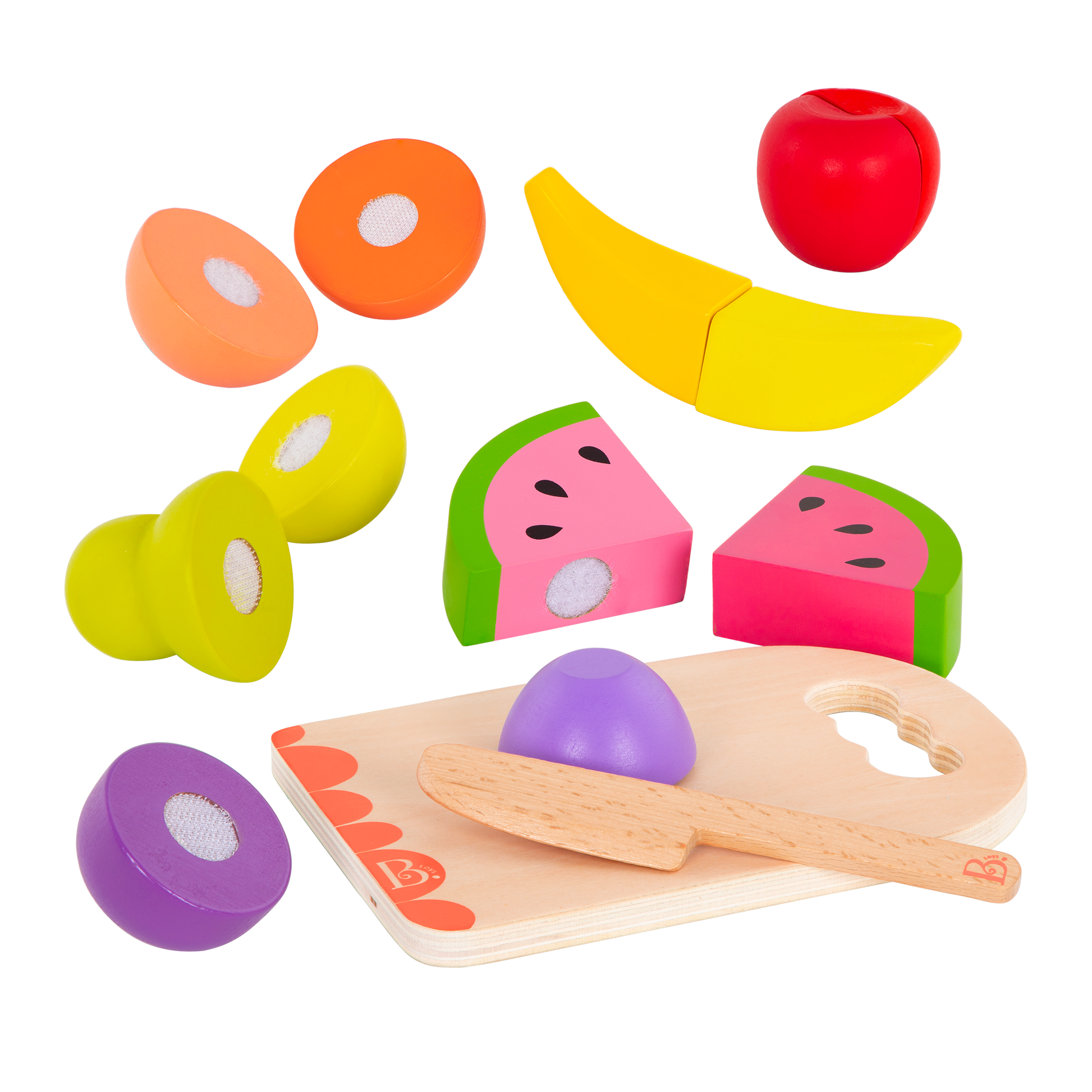 Wooden toy fruits.