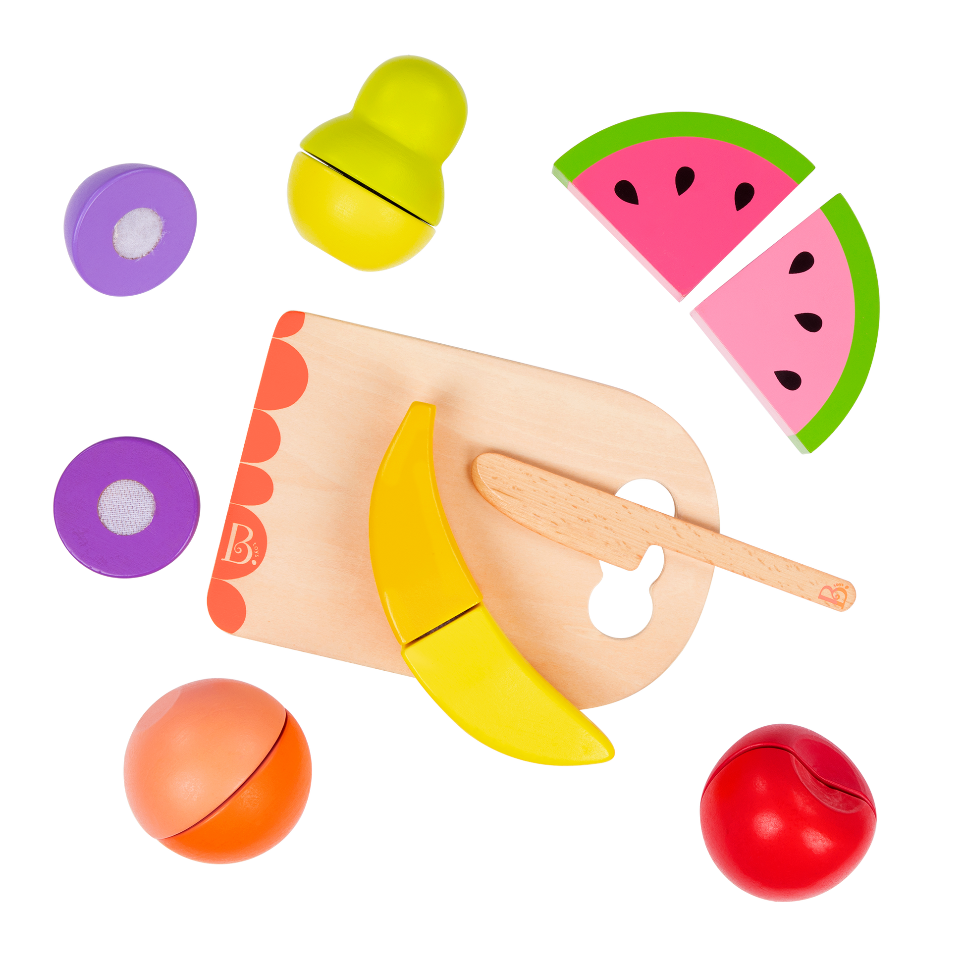 Wooden toy fruits.