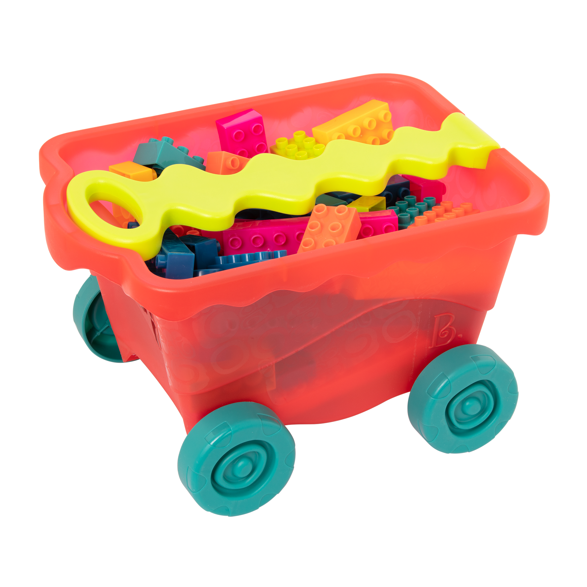 Colorful building blocks and a wagon.