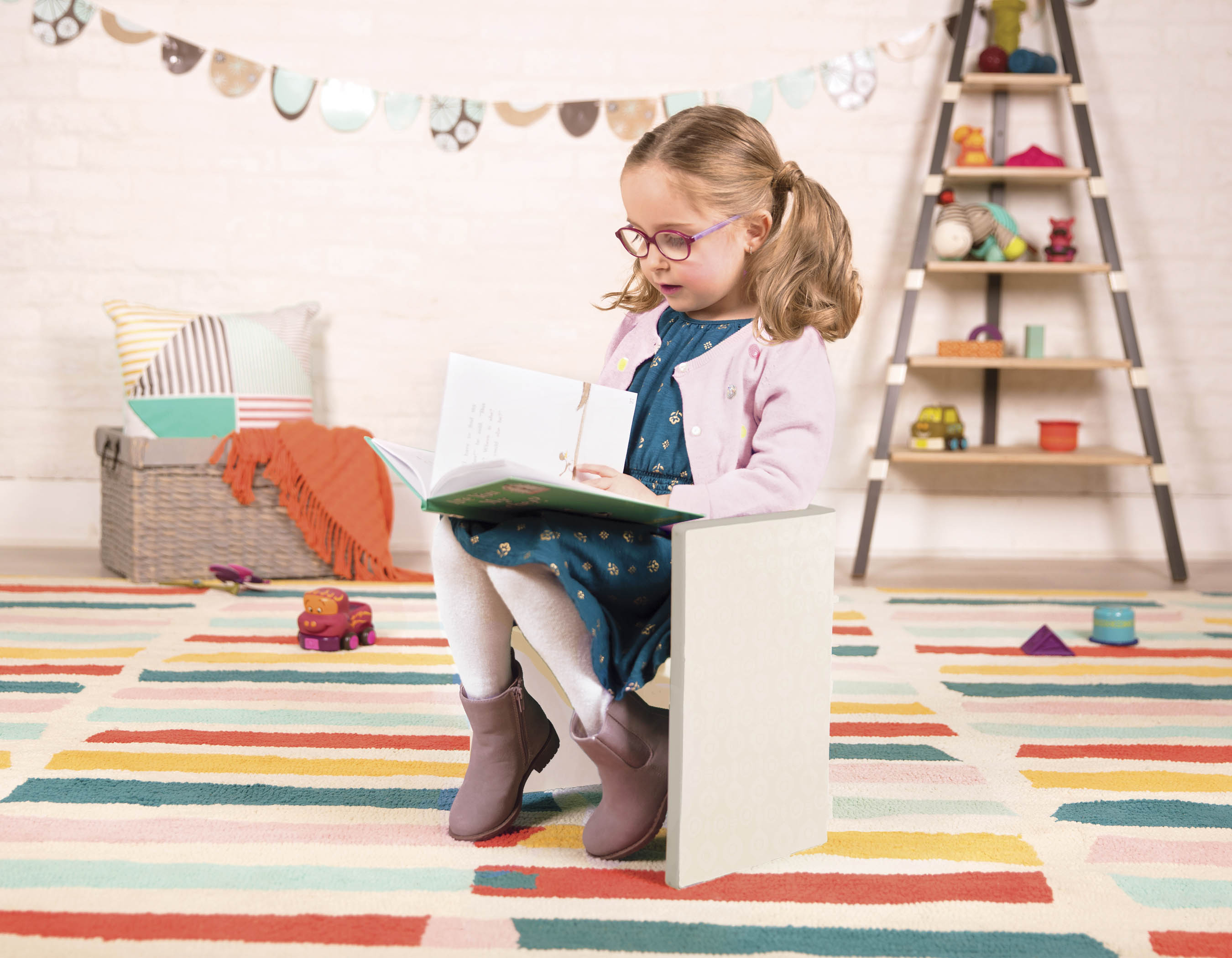 Ivory chair doubles as step stool.