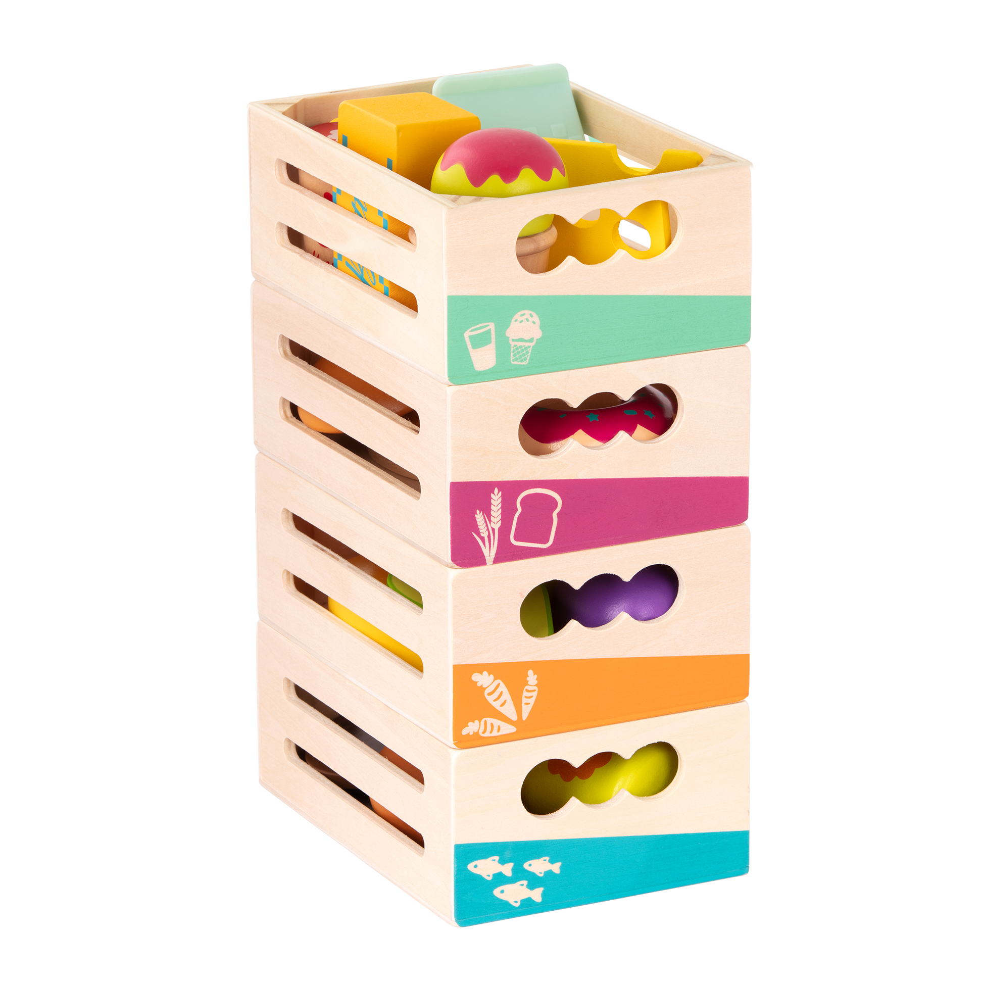 Wooden play food in crates.
