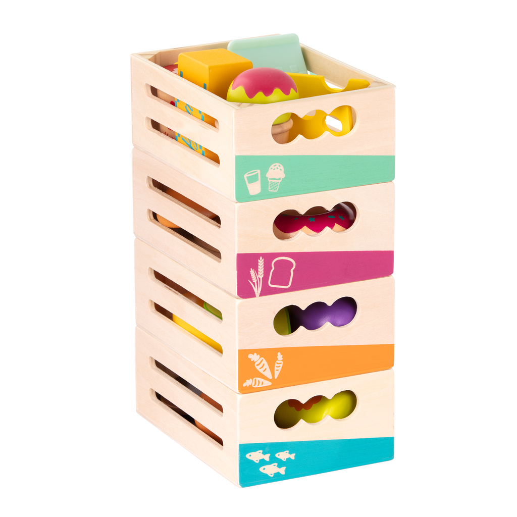 Wooden play food in crates.