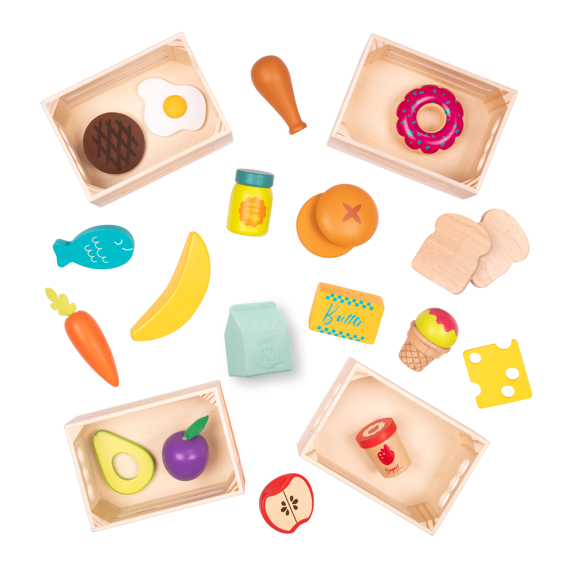Wooden play food in crates.