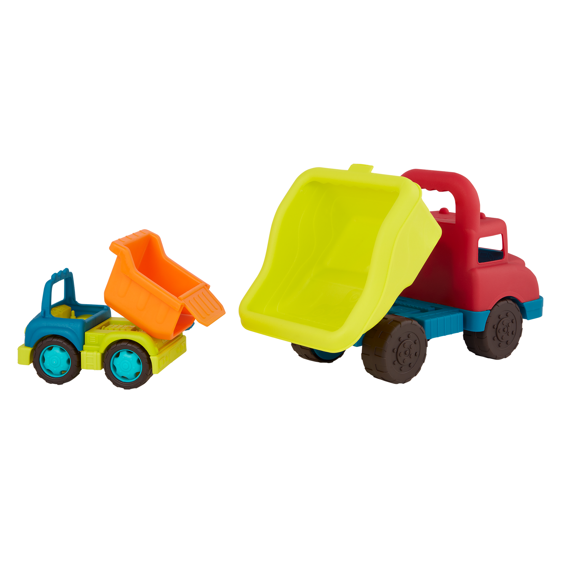 Large toy dump truck and small toy dump truck.
