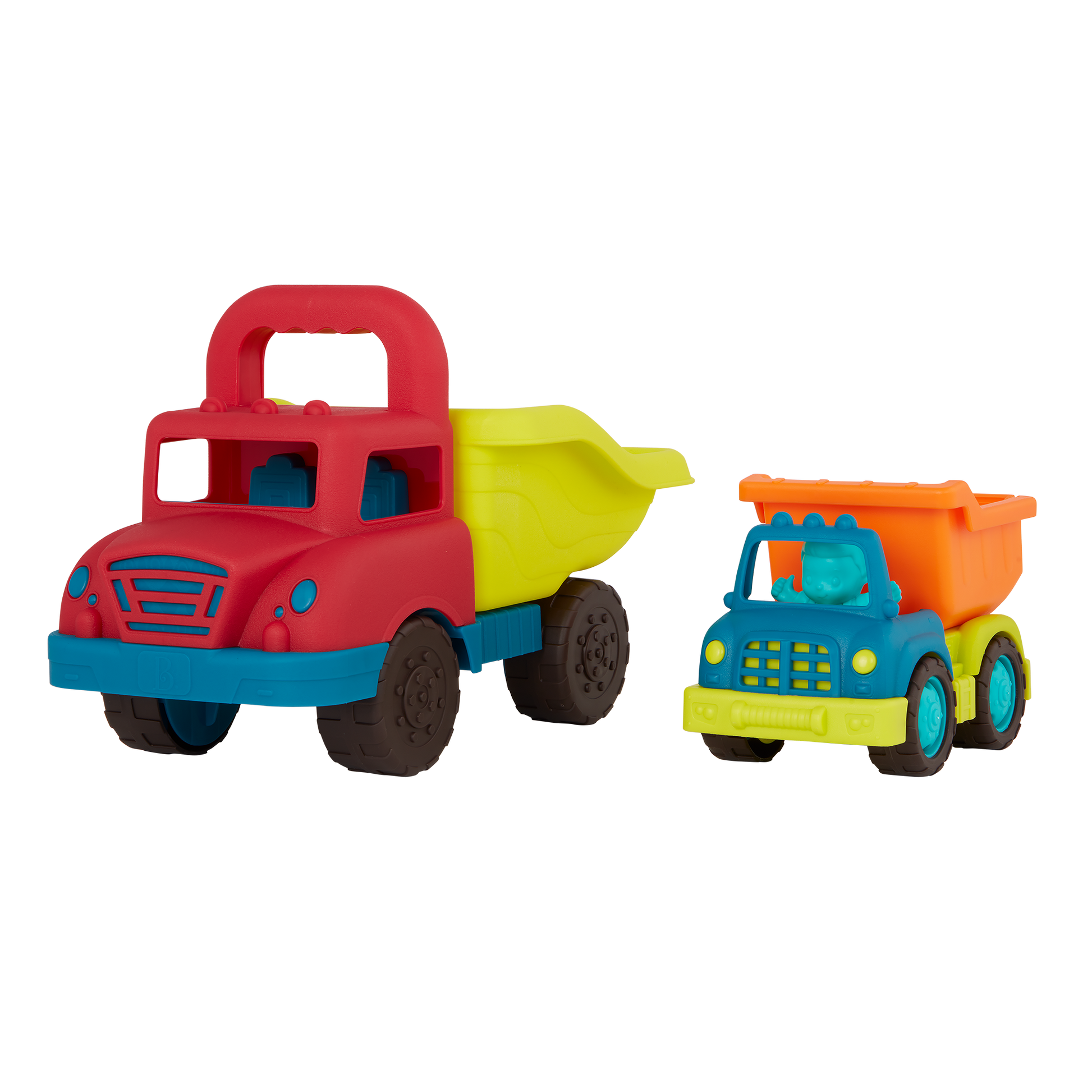 Large toy dump truck and small toy dump truck.