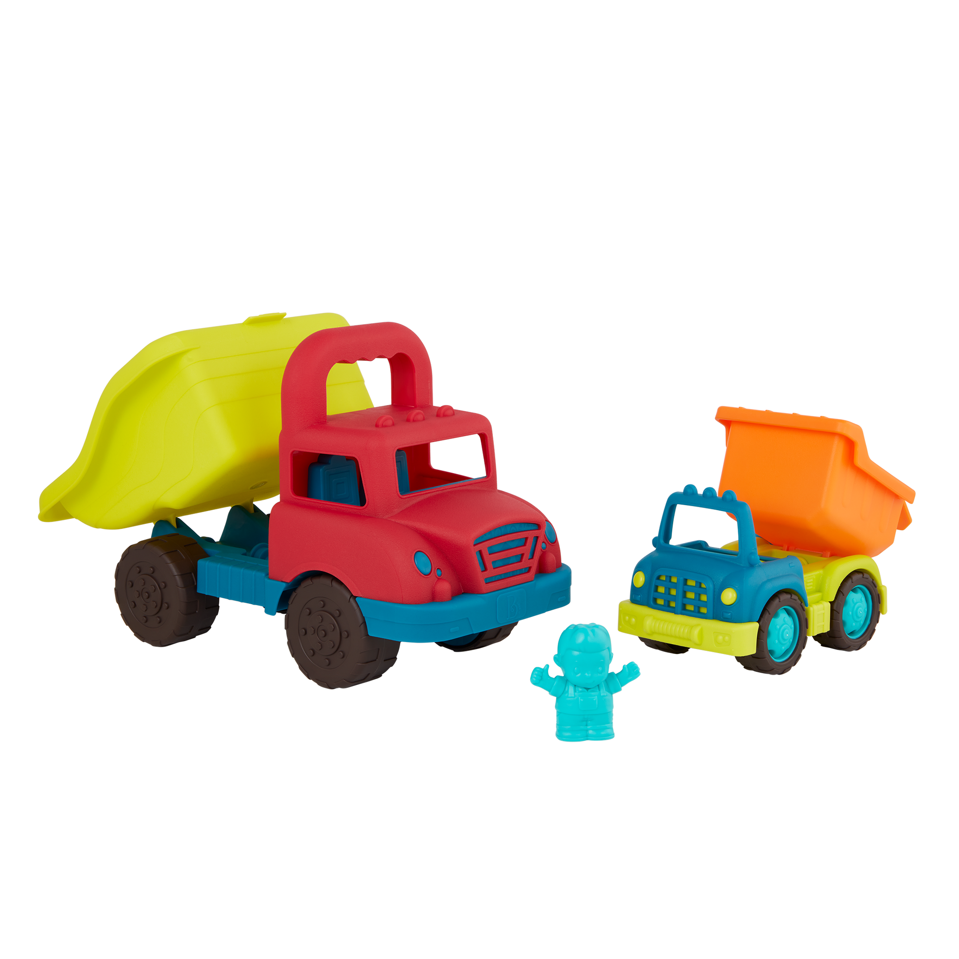 Large toy dump truck and small toy dump truck.