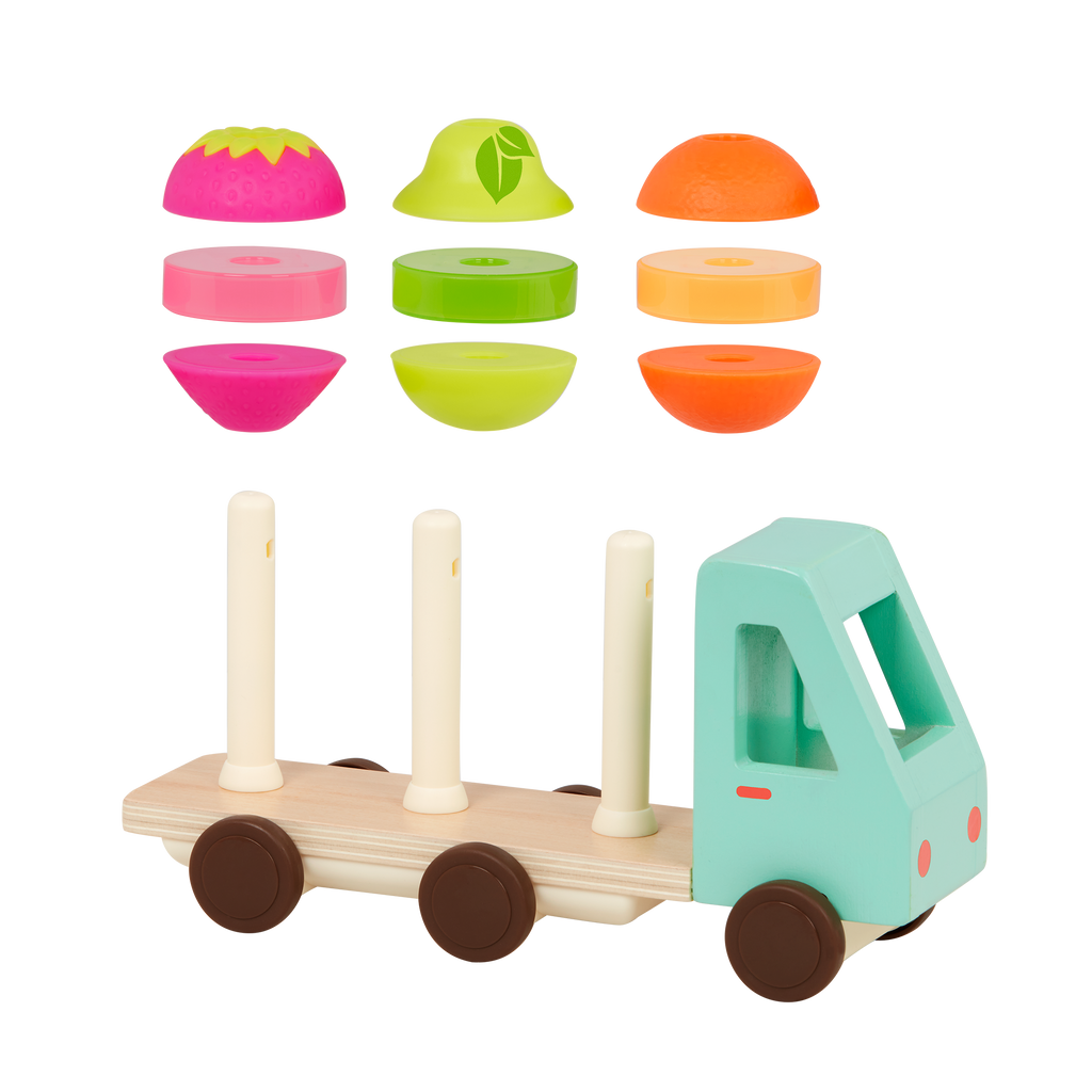 Toy truck with stackable fruits.