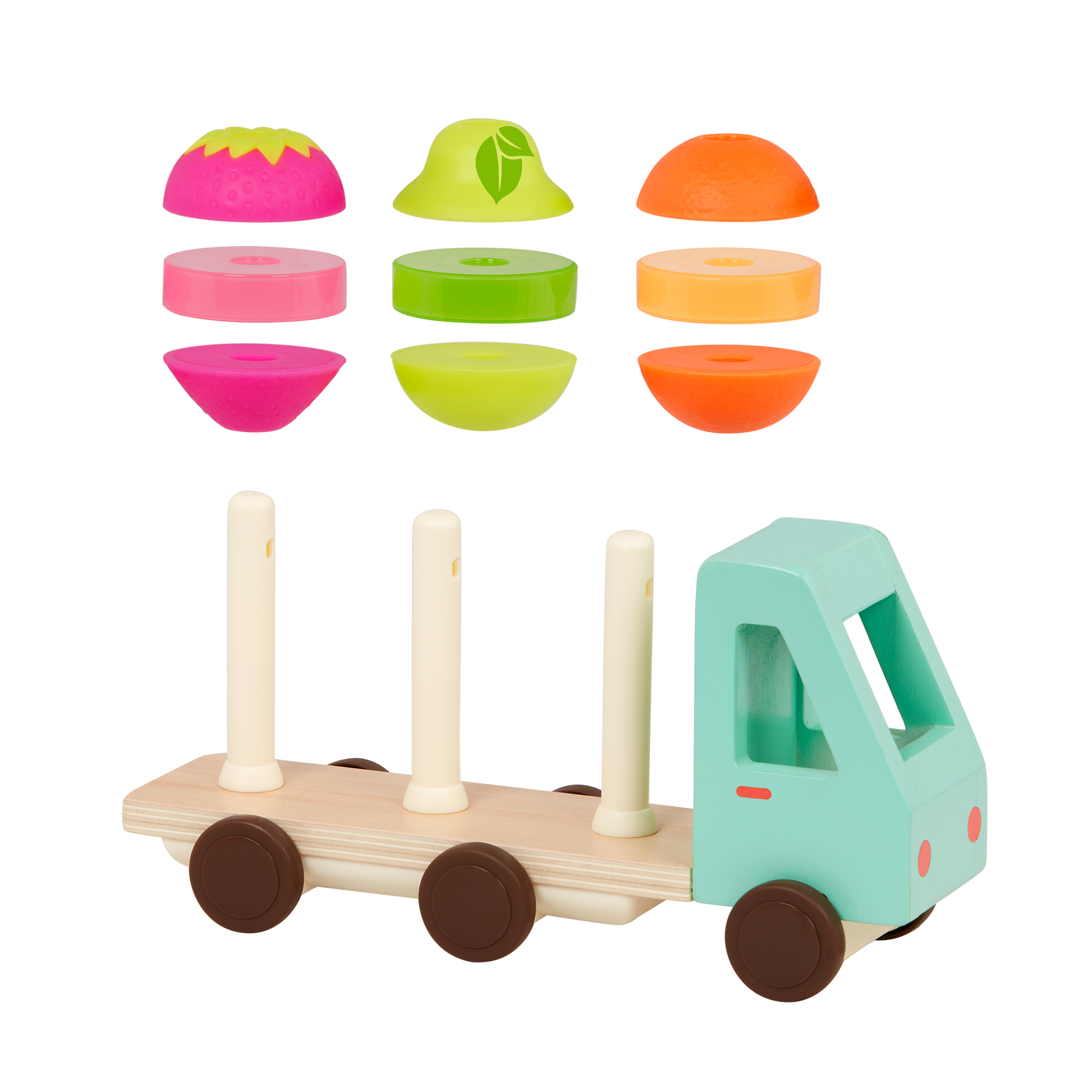 Toy truck with stackable fruits.