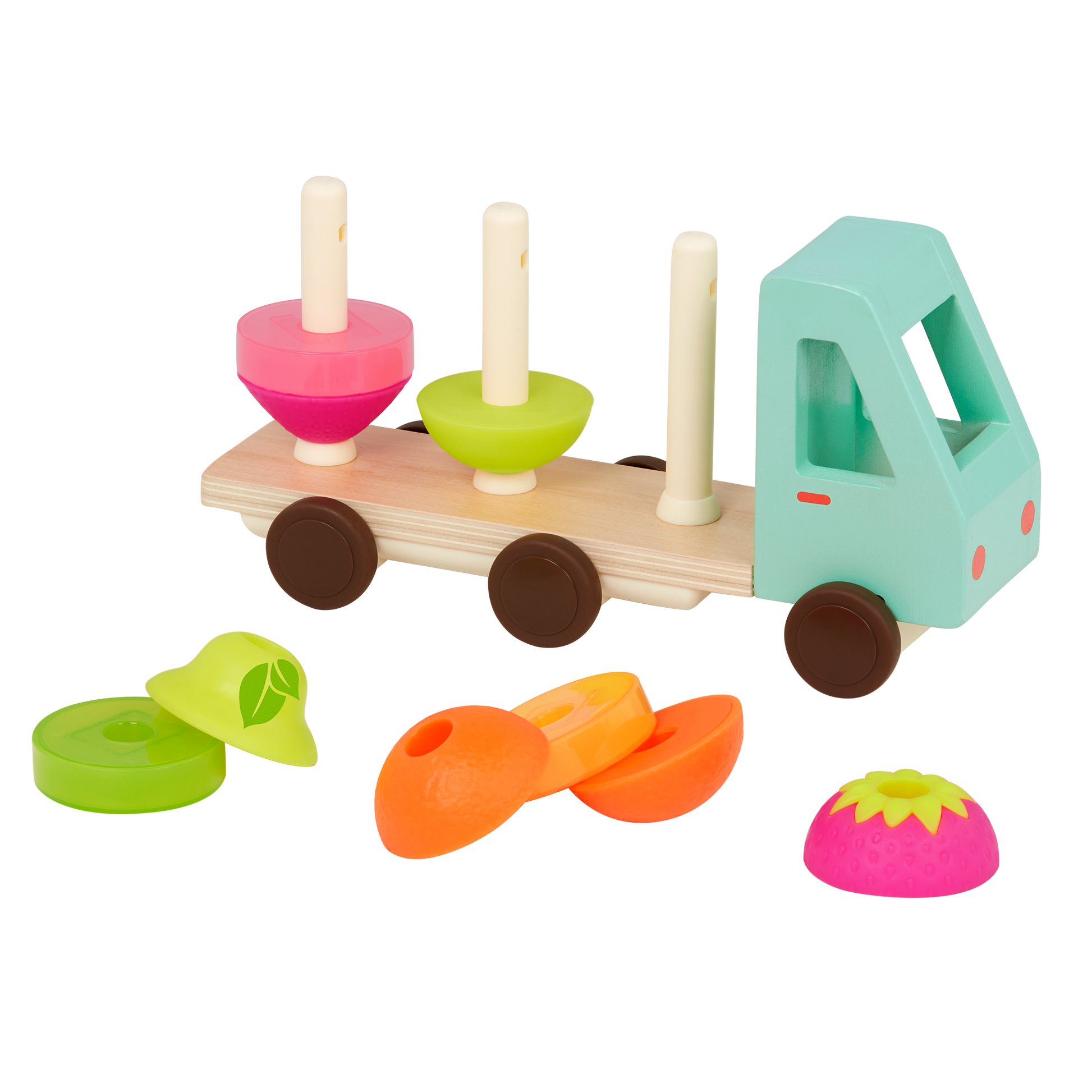 Toy truck with stackable fruits.