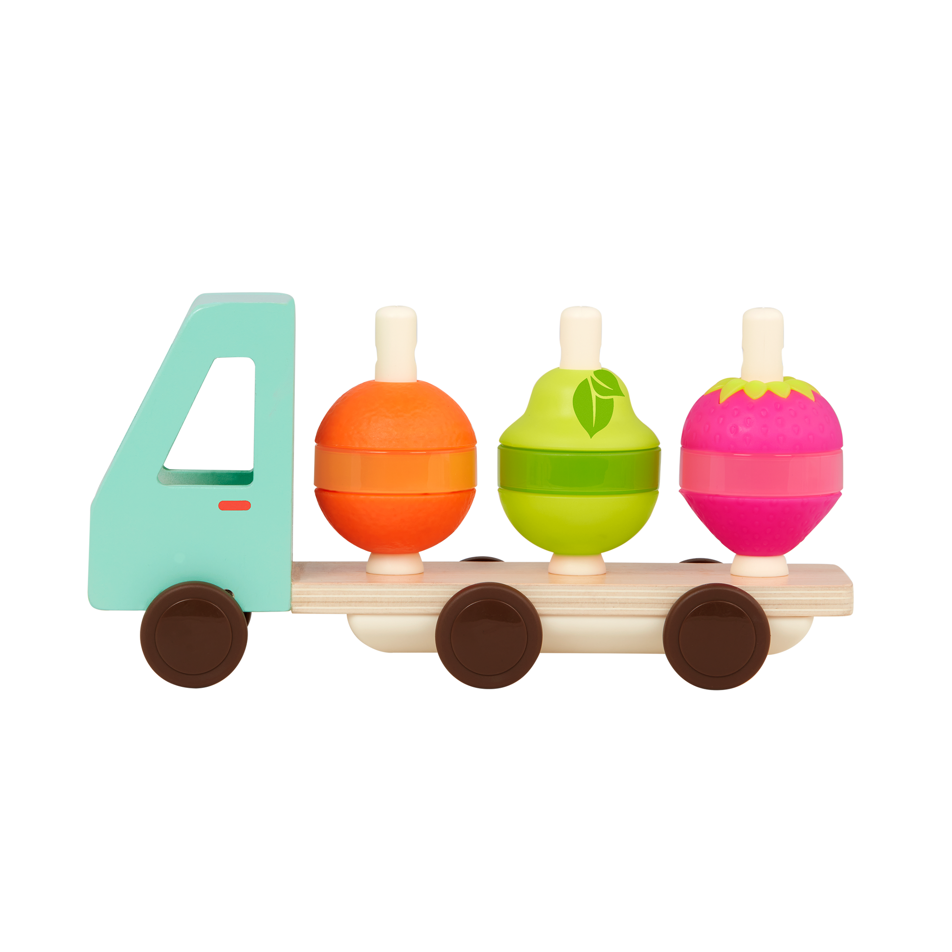 Toy truck with stackable fruits.