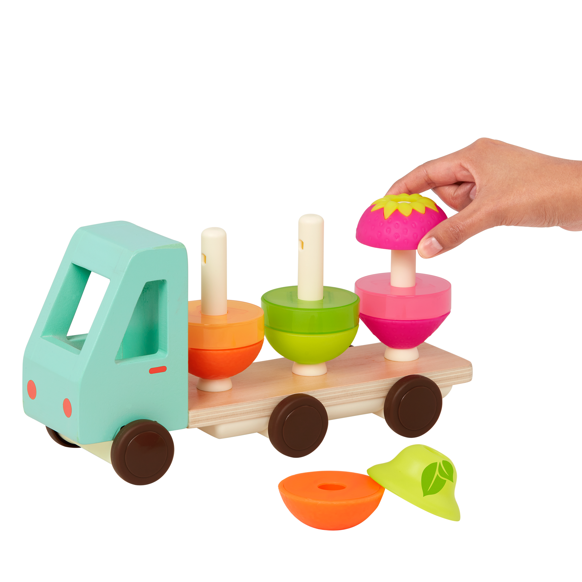 Toy truck with stackable fruits.
