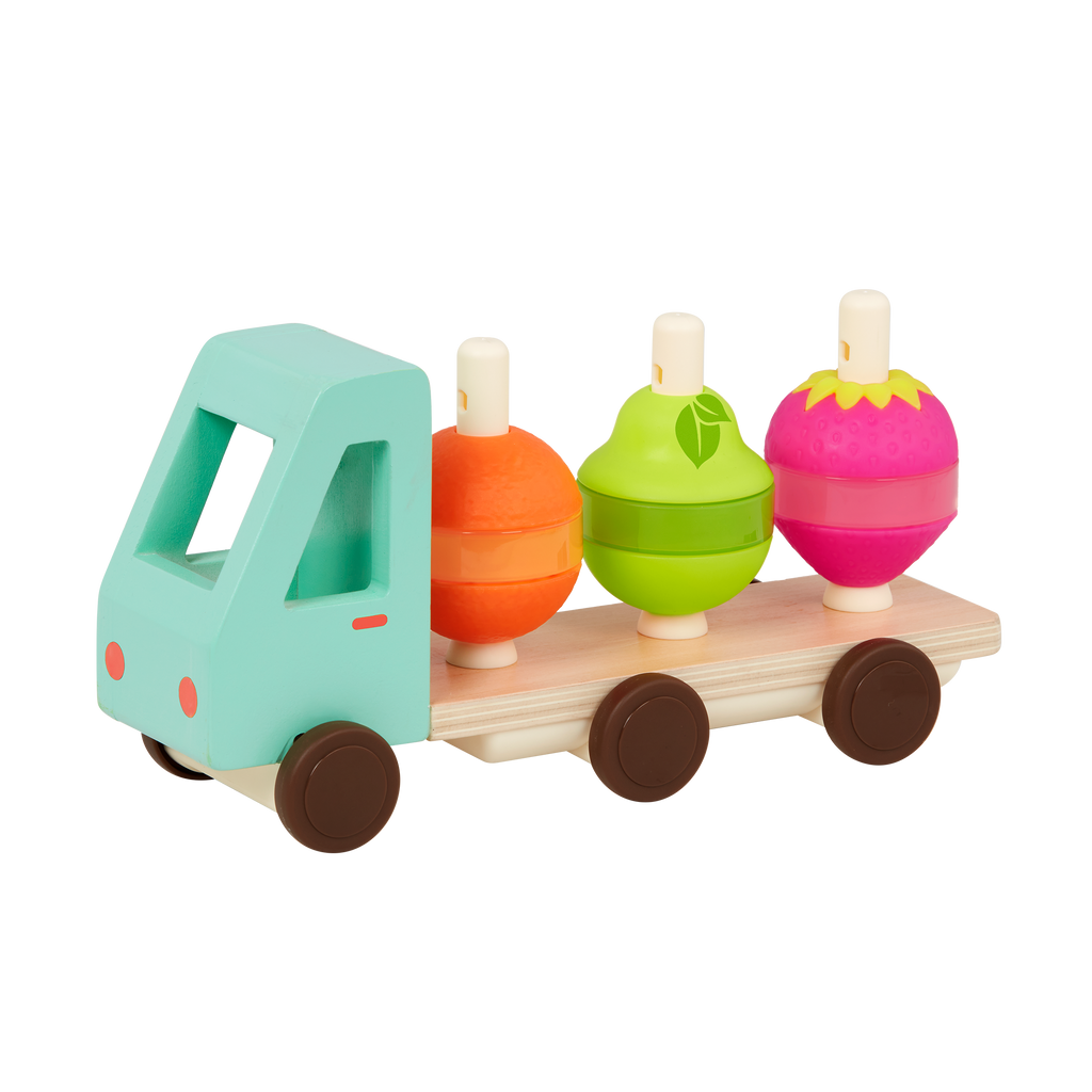 Toy truck with stackable fruits.