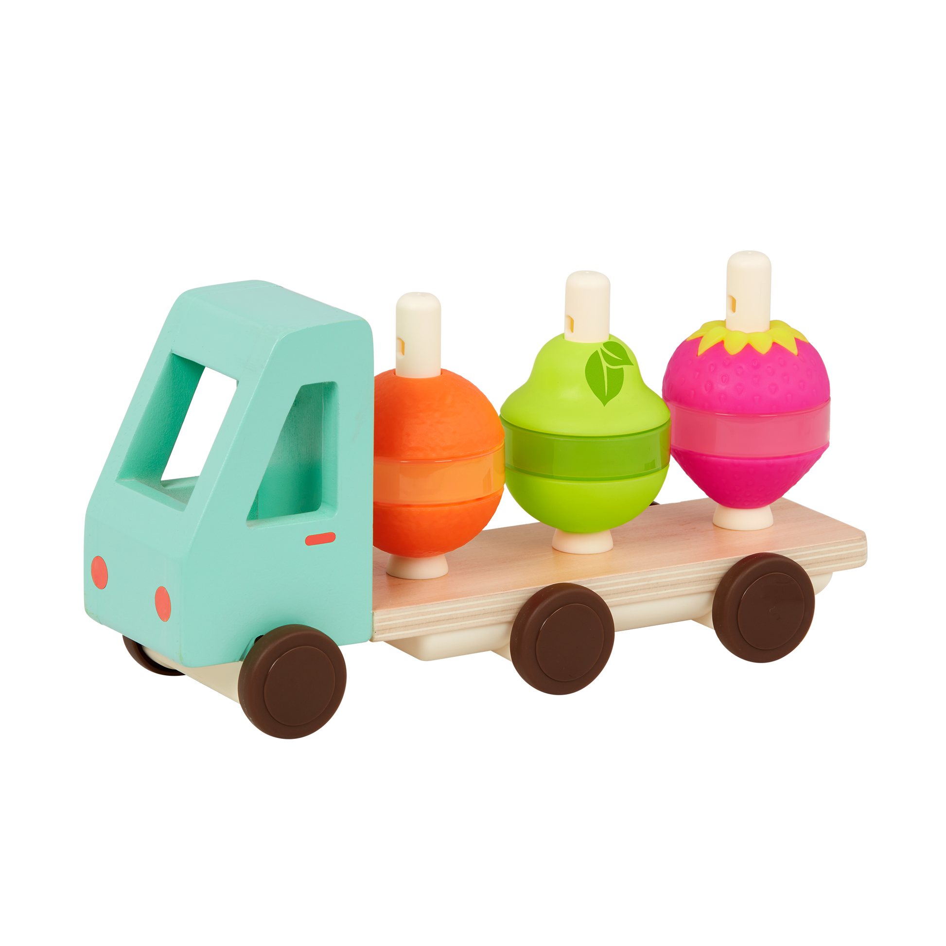 Toy truck with stackable fruits.