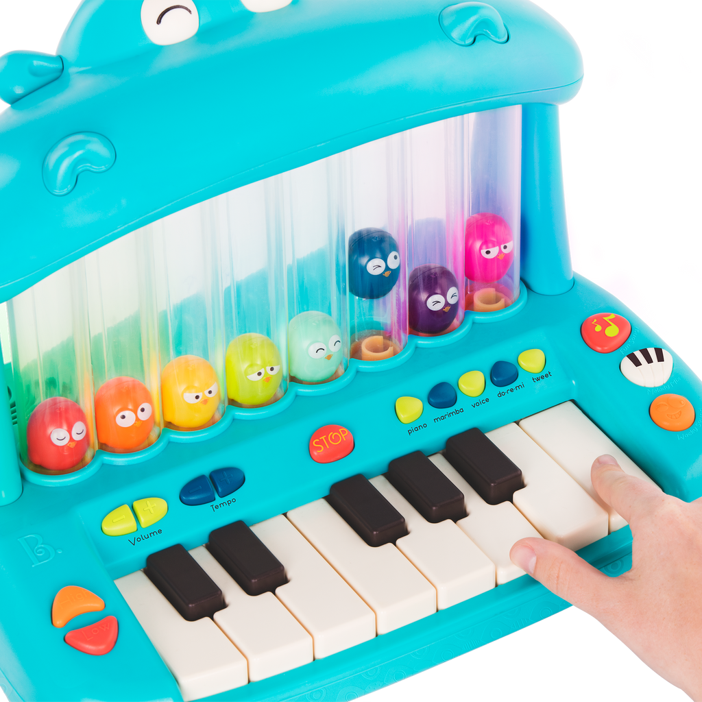 Hippo-shaped play piano for kids with 8 colorful birds.