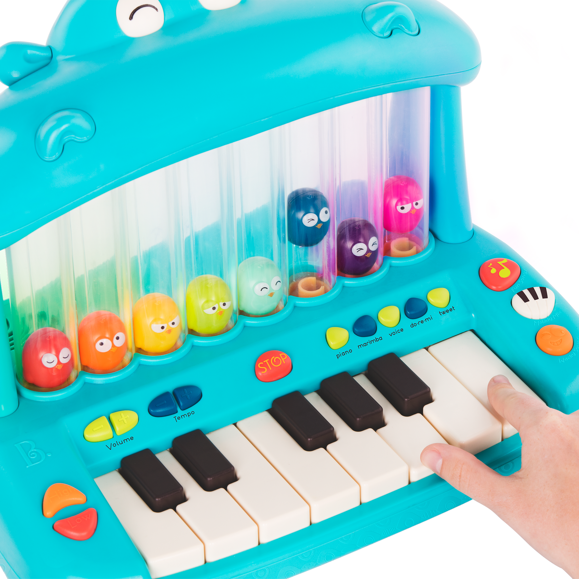 Hippo-shaped play piano for kids with 8 colorful birds.