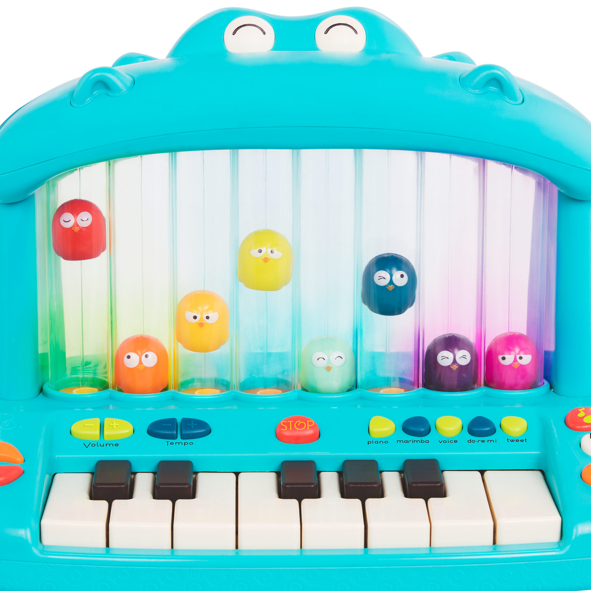 Hippo-shaped play piano for kids with 8 colorful birds.