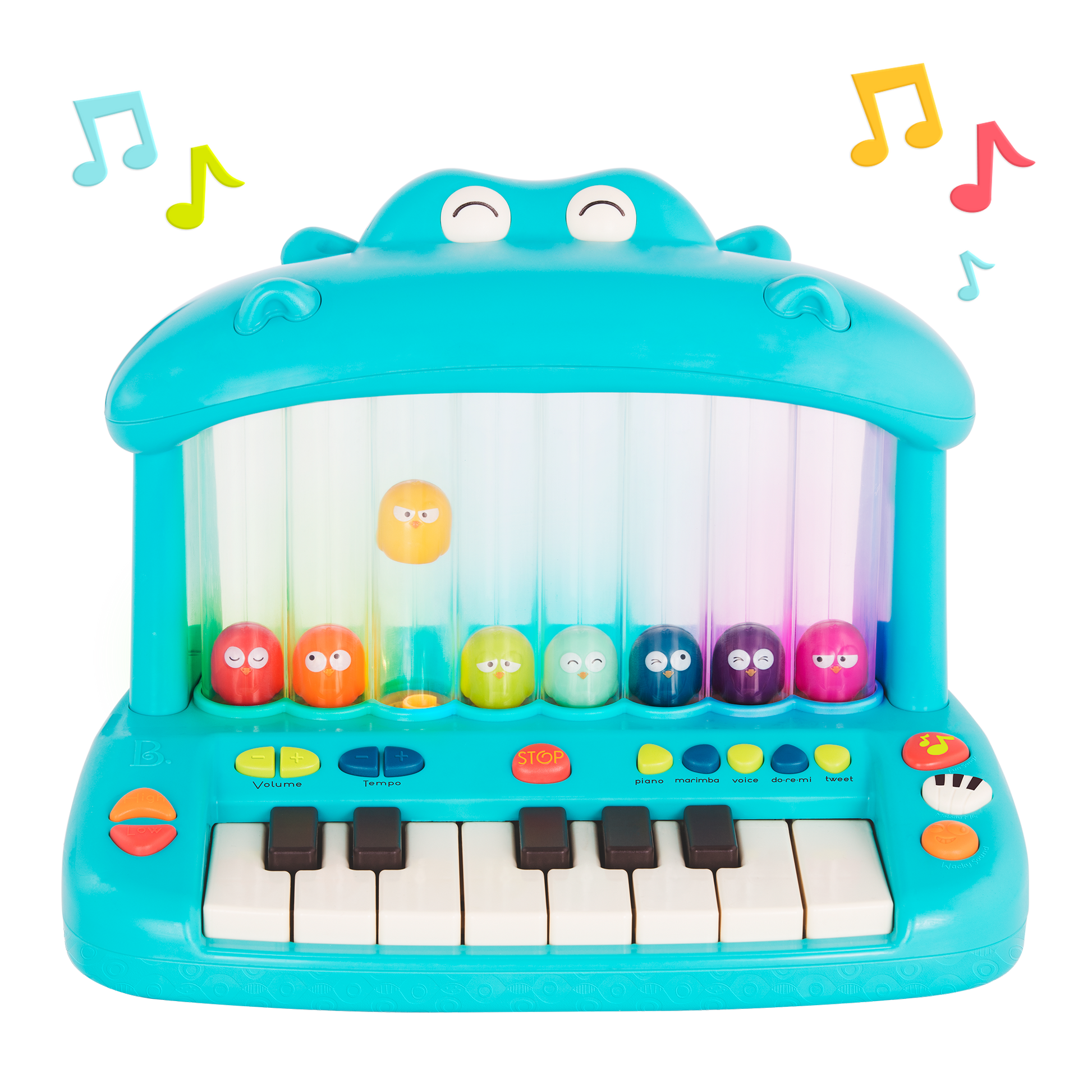 Hippo-shaped play piano for kids with 8 colorful birds.
