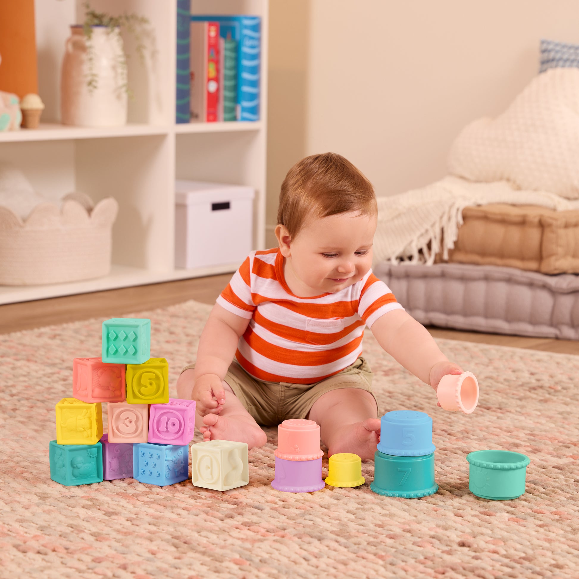 Baby stacking cups with teething-safe silicone type design