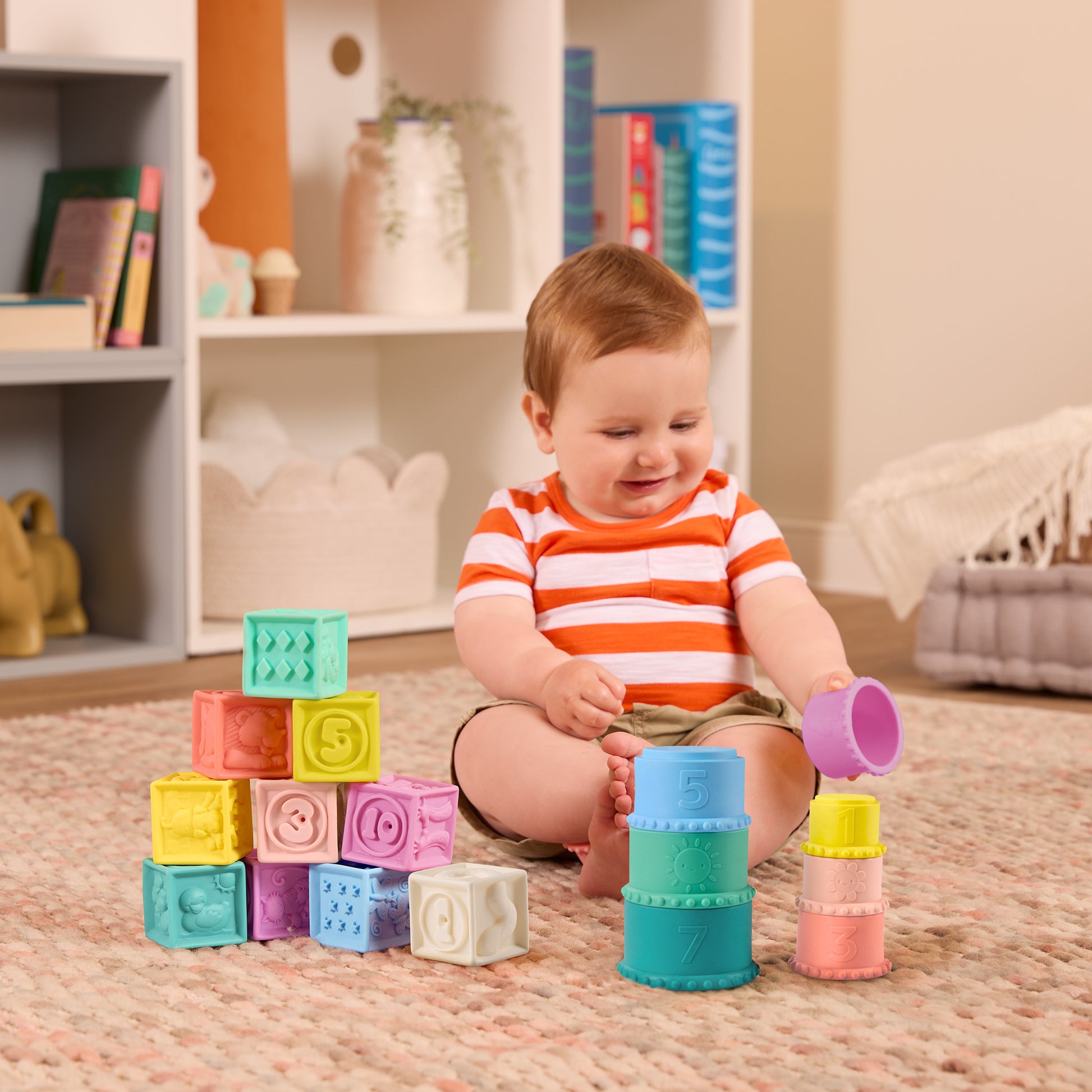 Baby stacking cups with teething-safe silicone type design