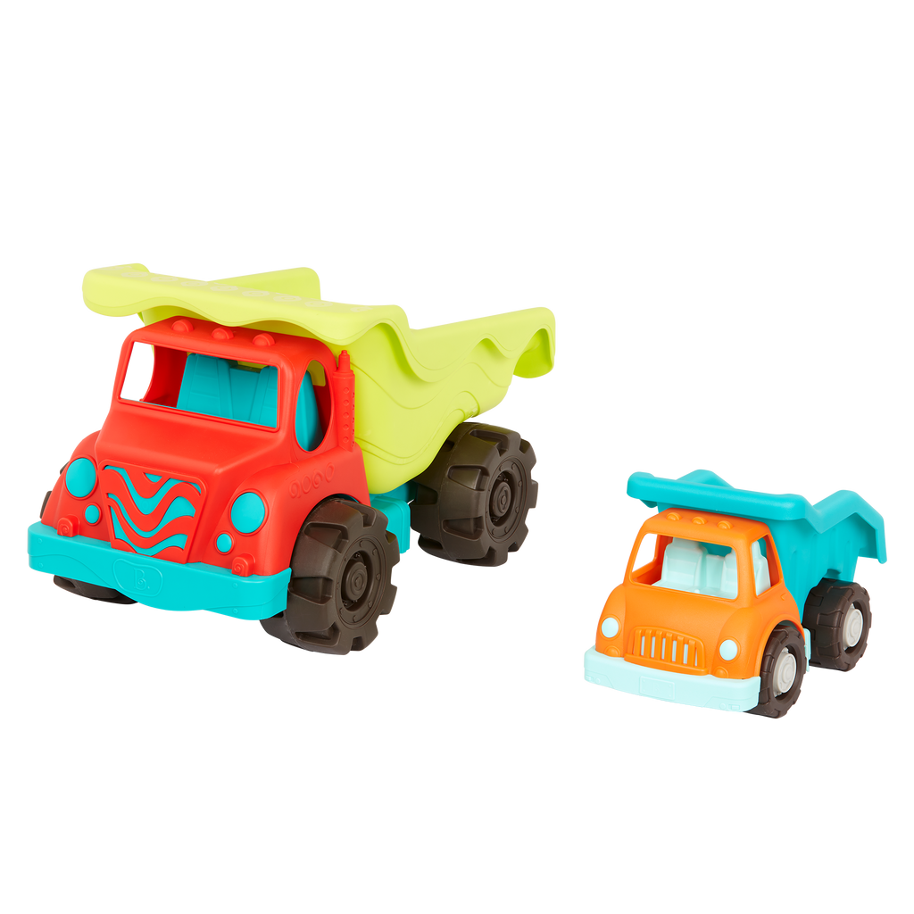 Toy dump trucks.
