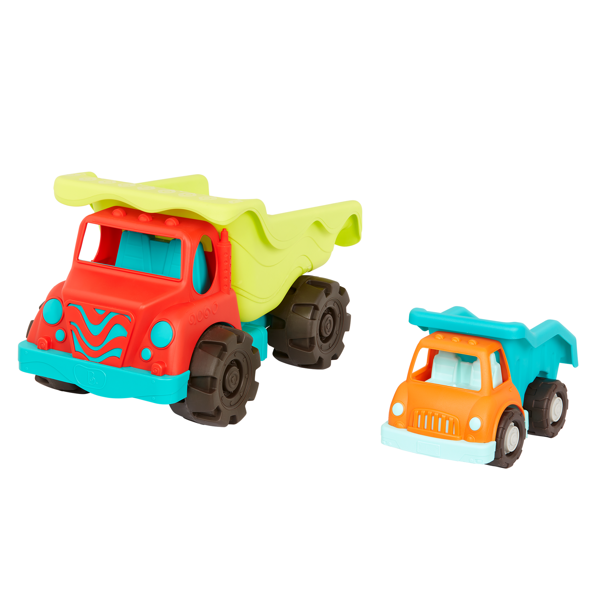 Toy dump trucks.