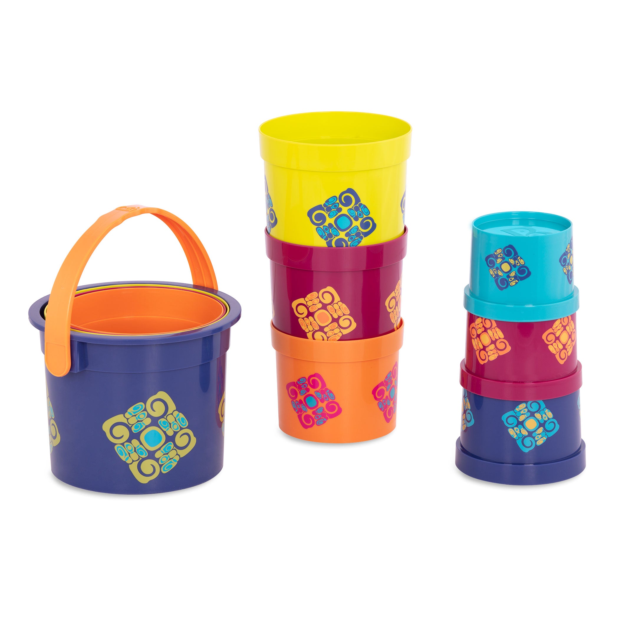 Colorful nesting buckets.
