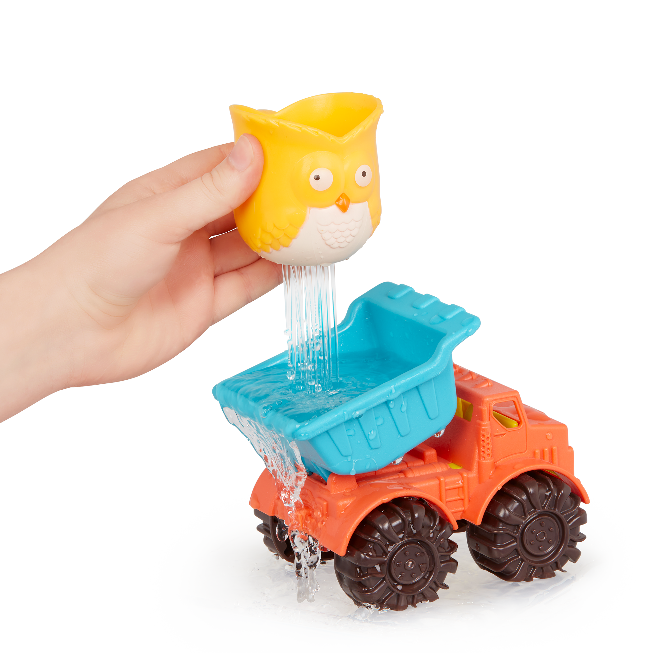 Water wheel toy with owl and truck.