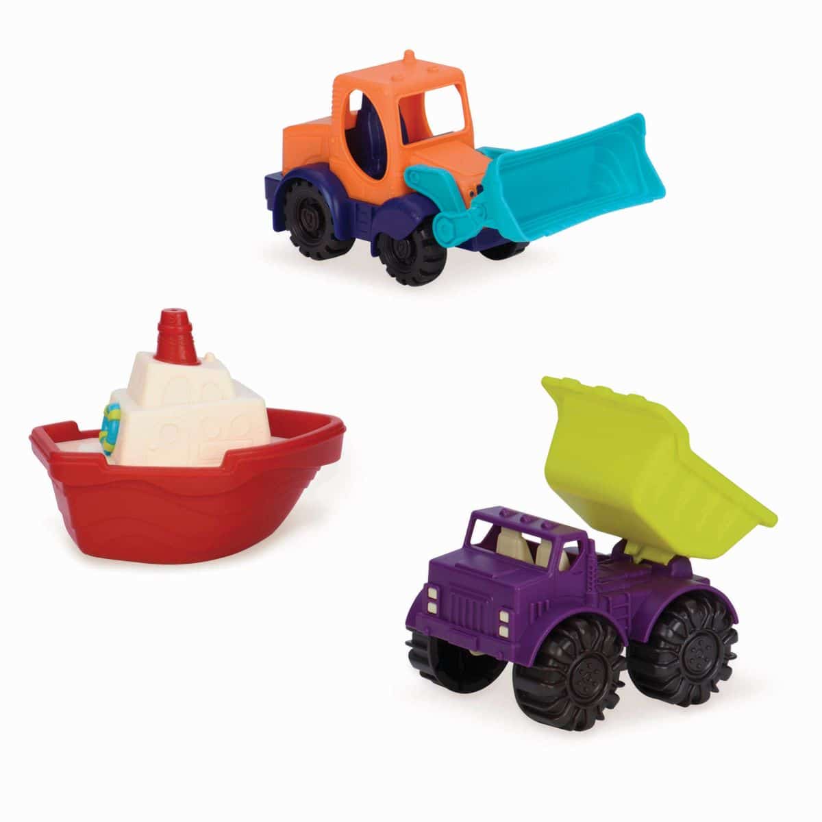 Mini toy trucks and boat.