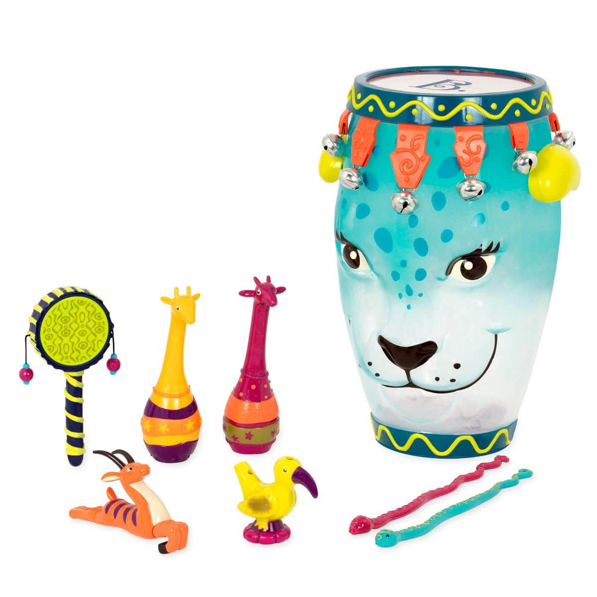 Jungle-themed musical instruments and leopard drum.