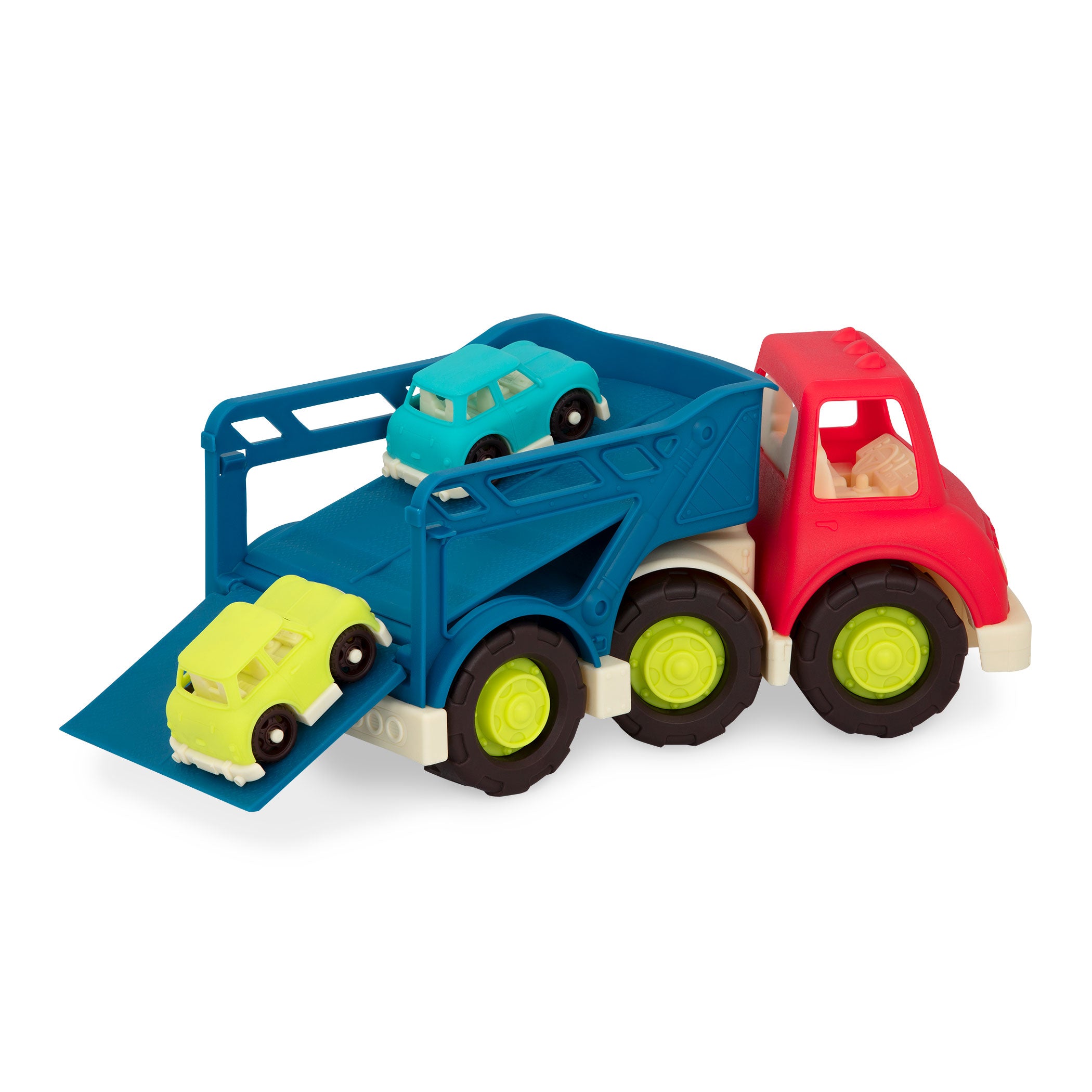 Toy car carrier with two cars.