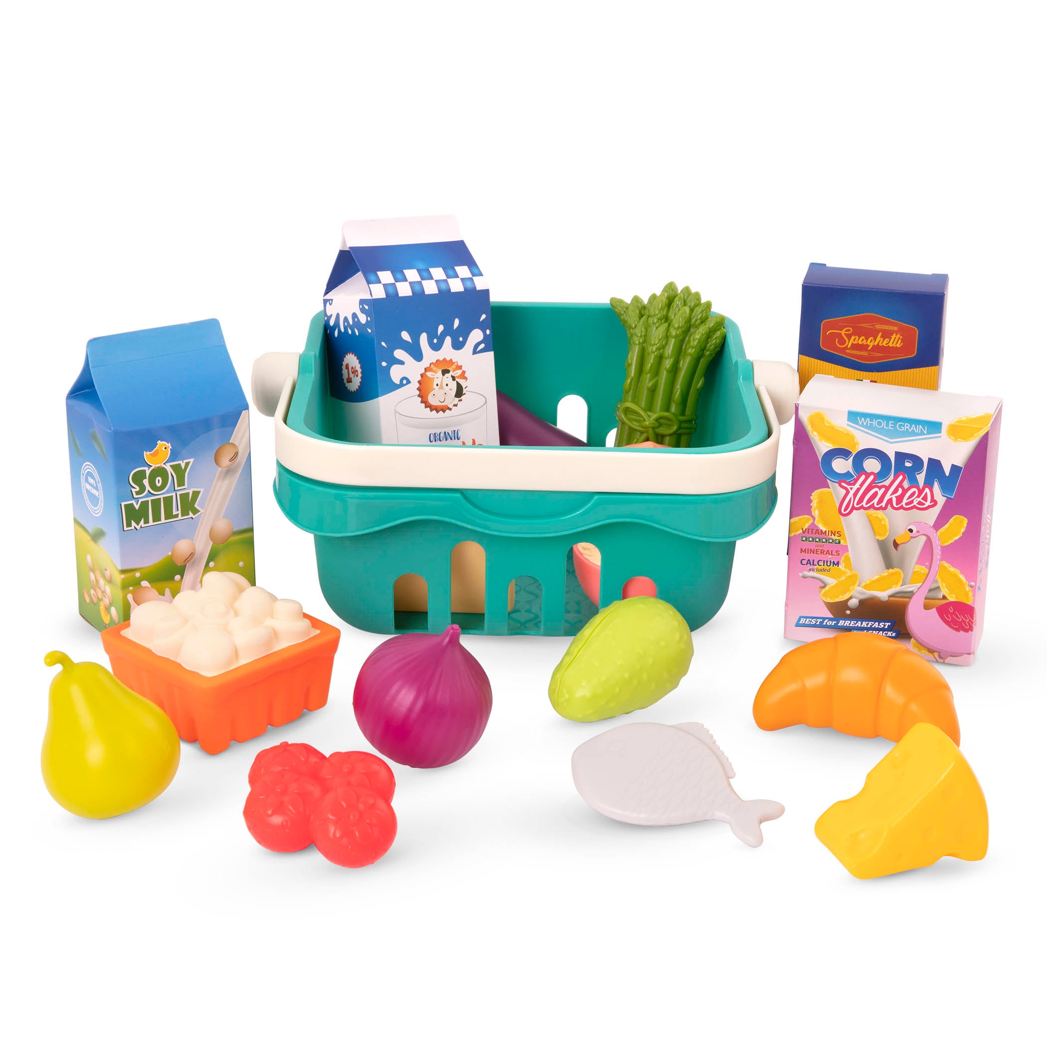 Toy shopping basket with play food.