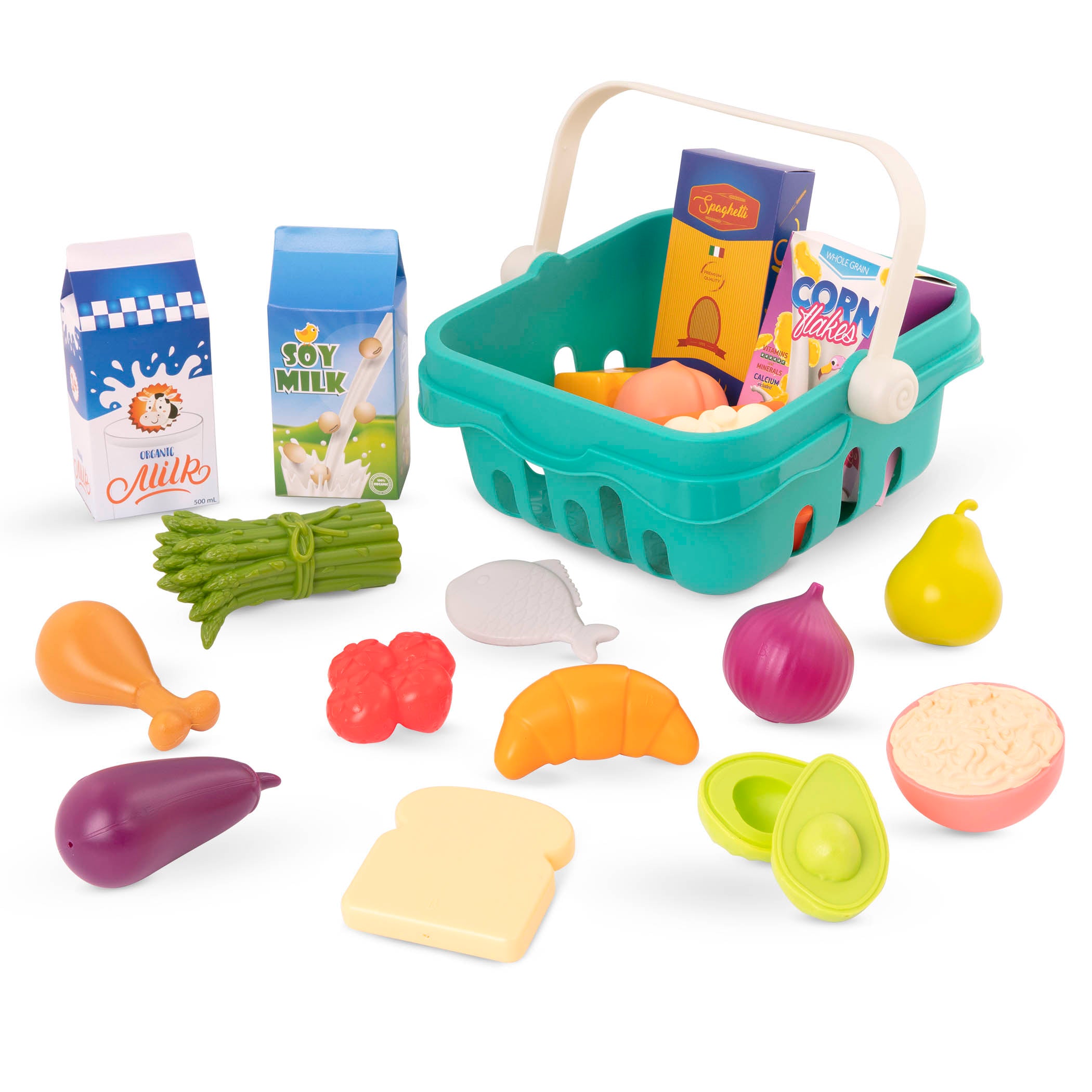 Toy shopping basket with play food.