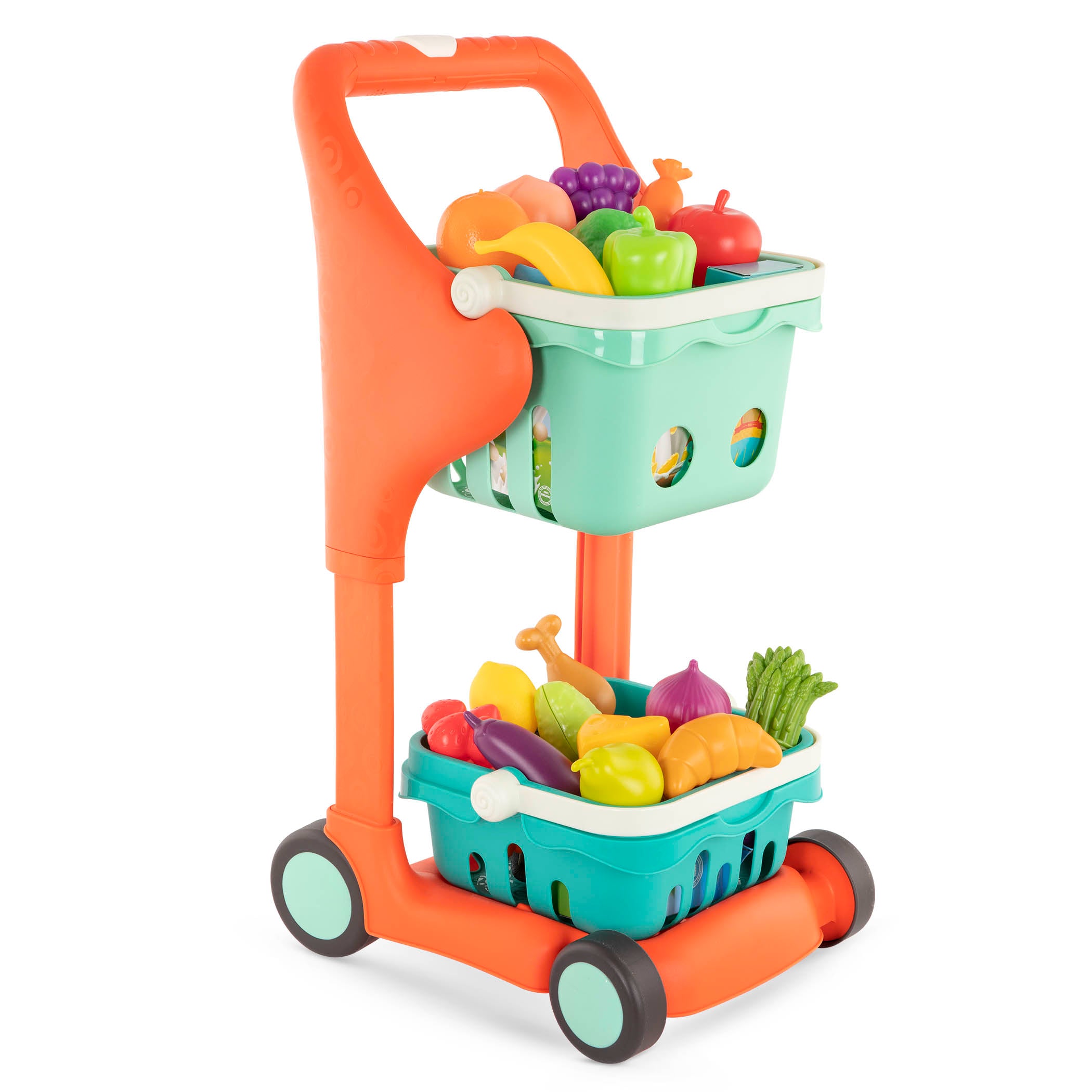 Toy shopping cart with play food.