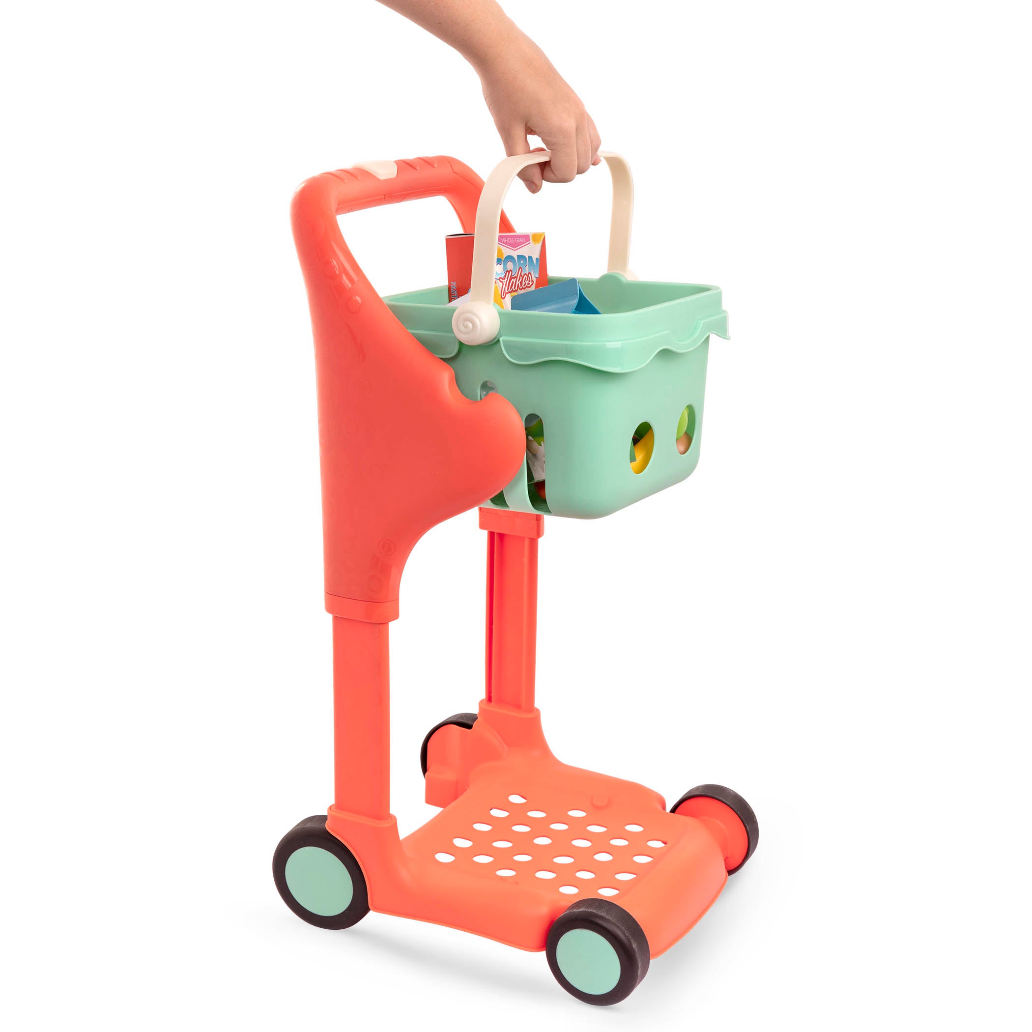 Toy shopping cart with play food.