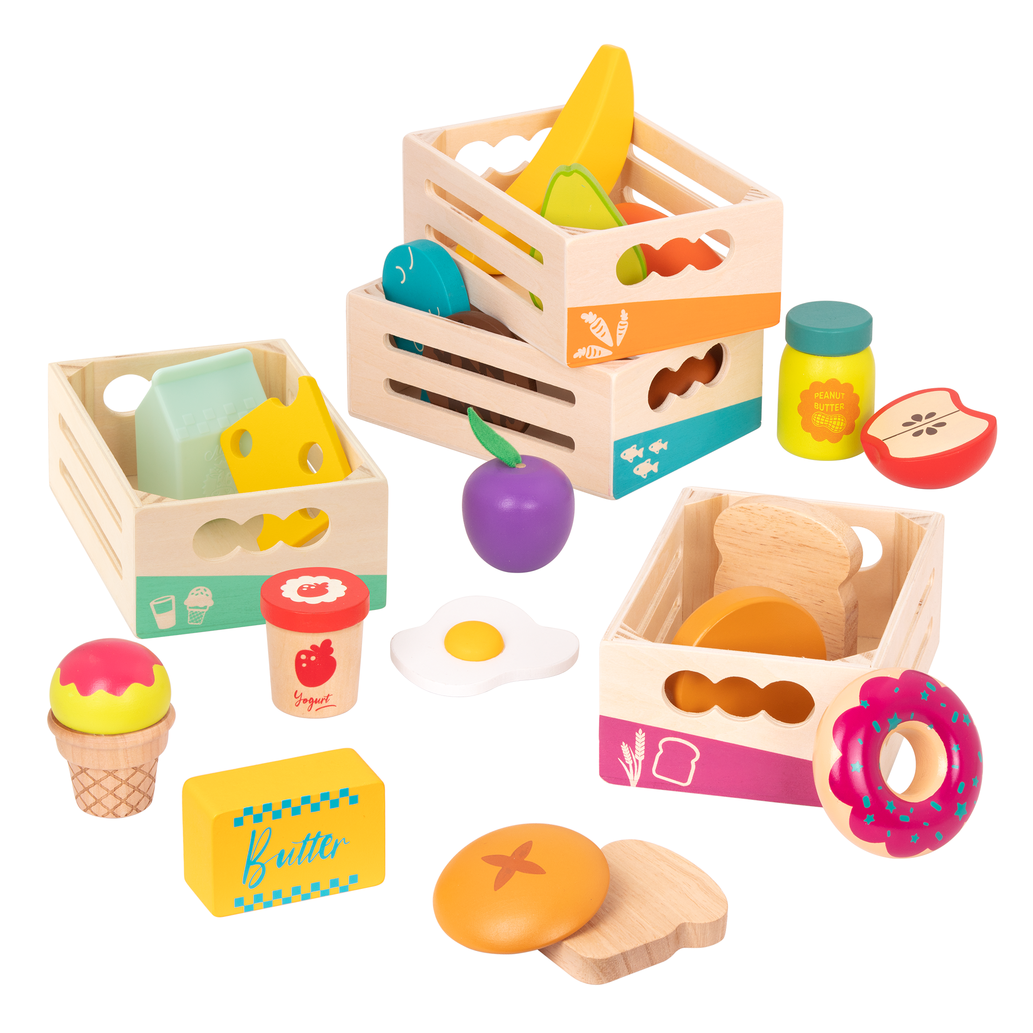 Wooden play food in crates.
